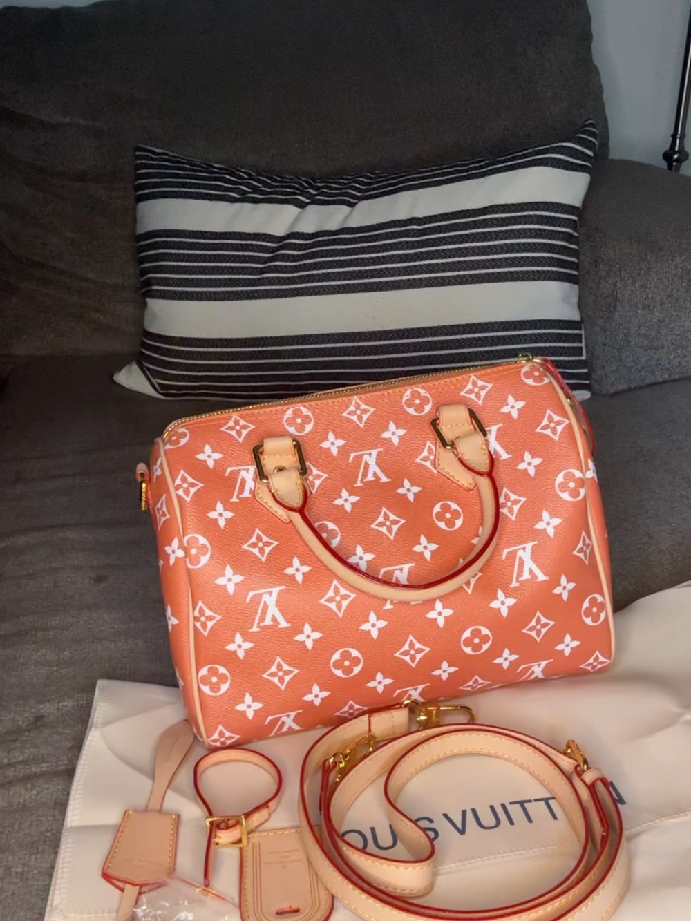 Orange Monogram-Pattern Satchel with White Accents